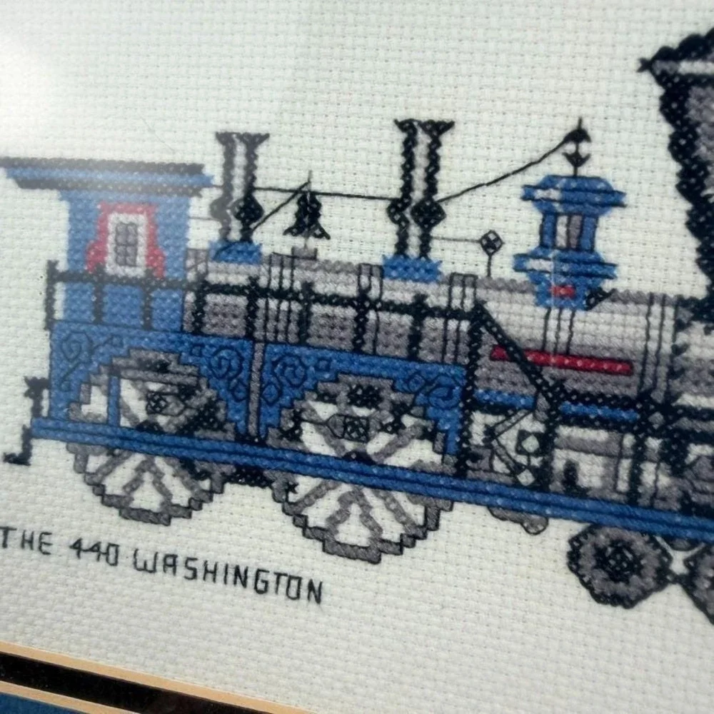 Framed Cross Stitch The 440 Washington Steam Locomotive Train Artwork CLT 92